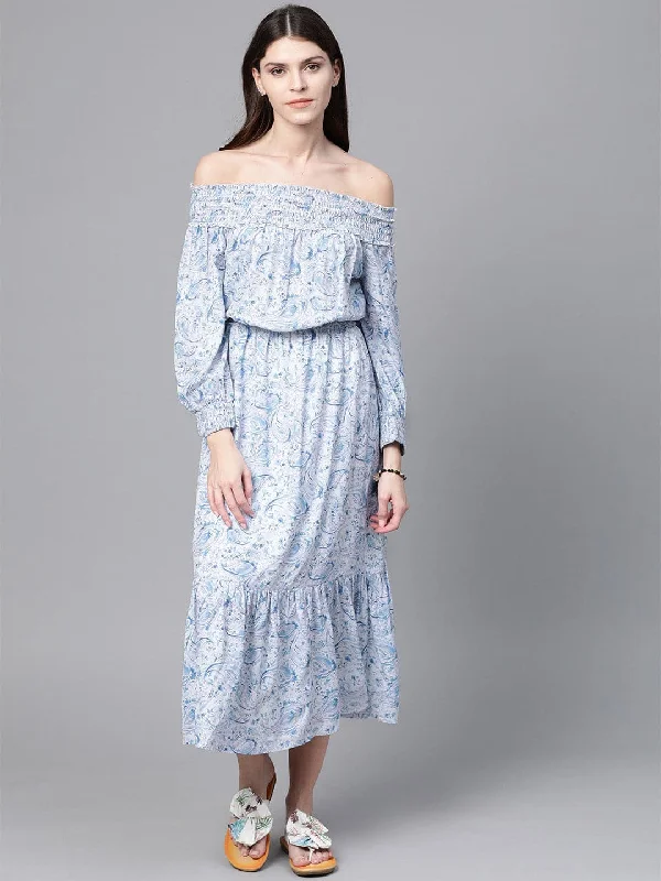 Blue Paisley Smocked Bardot Midi Dress