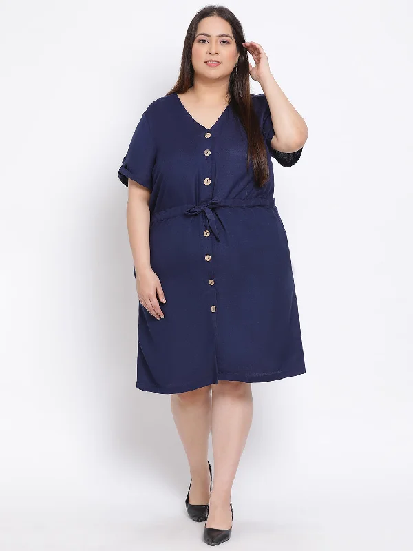 Navy Basic Button Plus Size Midi Linen Blend Dress