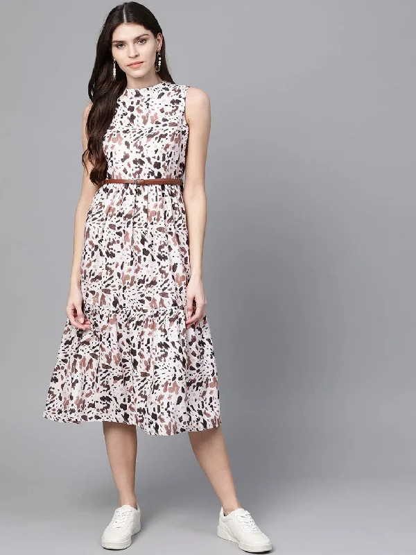 Off White Leopard Tiered Belted Midi Dress