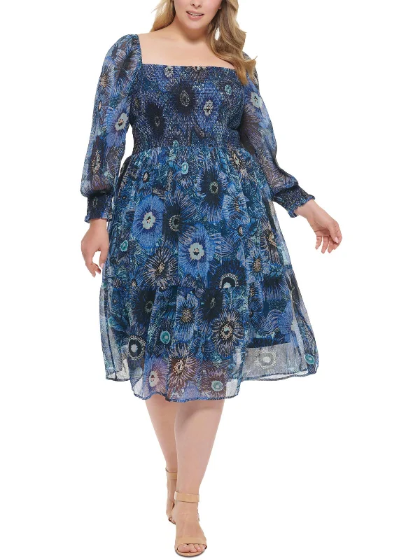 Plus Womens Printed Calf Midi Dress