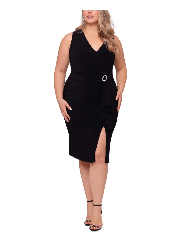 Plus Womens Rhinestone-Pin V-Neck Midi Sheath Dress