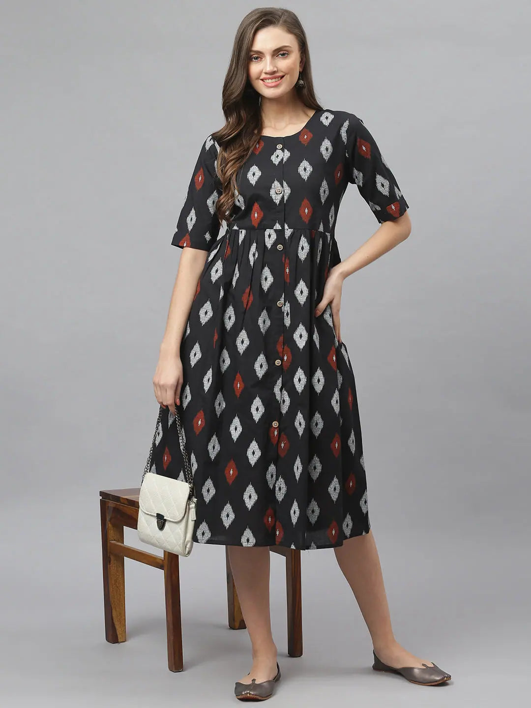 Stylum Women's Ikat Print Cotton Midi Flared Dress