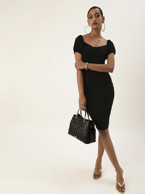 Veni Vidi Vici Black Sweetheart Neck Bardot Midi Dress