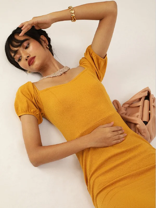 Veni Vidi Vici Mustard Sweetheart Neck Bardot Midi Dress