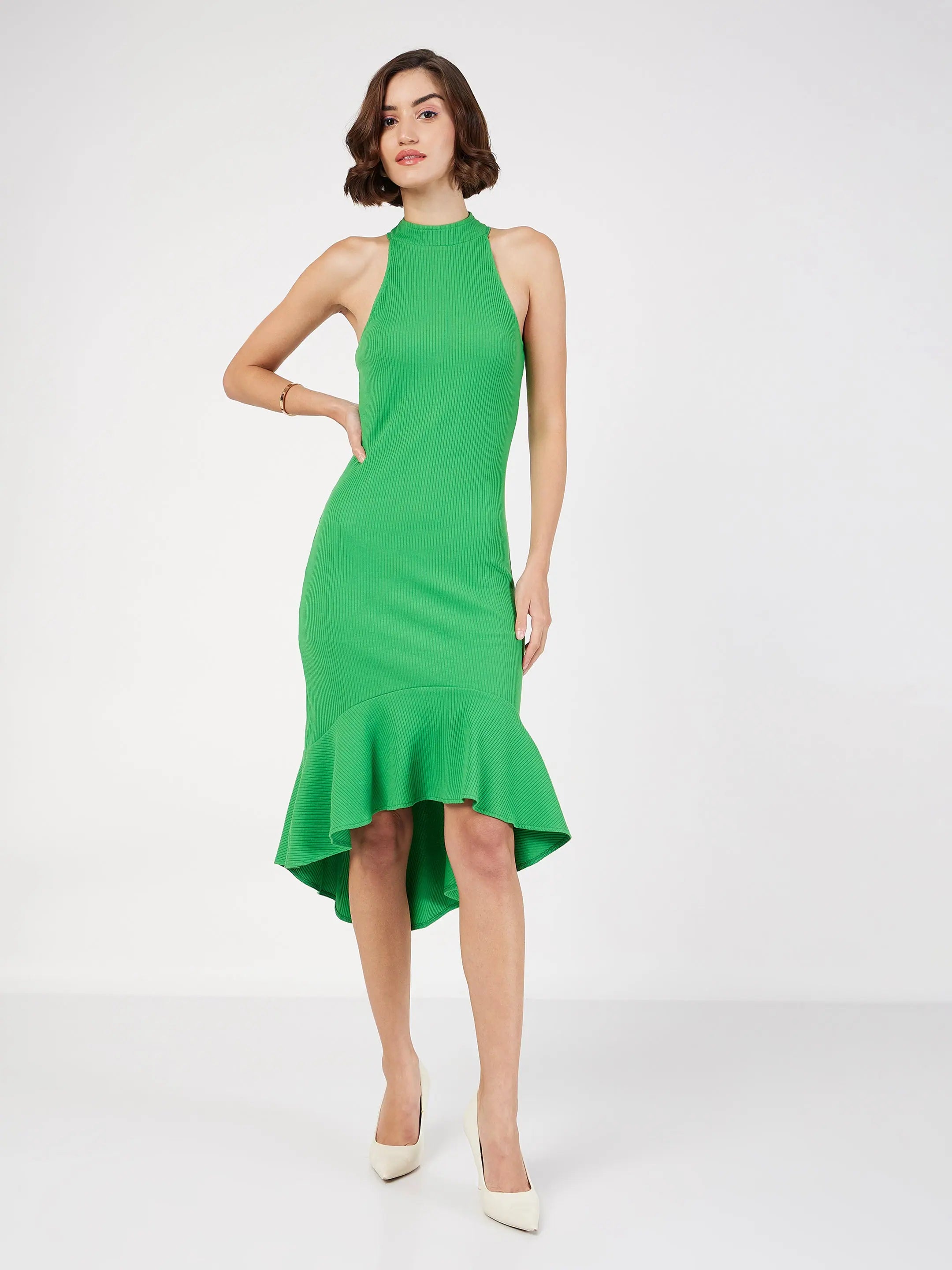 Women Green Rib Fish Frill Bodycon Midi Dress