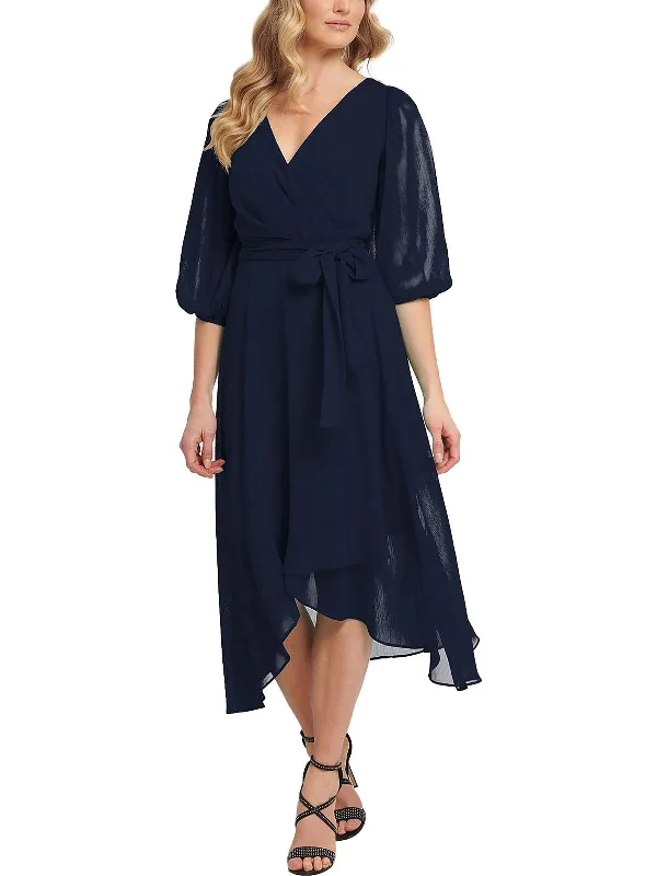 Womens Chiffon Faux-Wrap Midi Dress