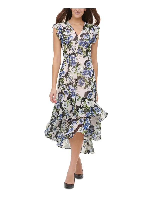 Womens Floral Ruffled Midi Dress