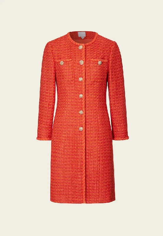 Orange Golden Button Embellished Tweed Coat