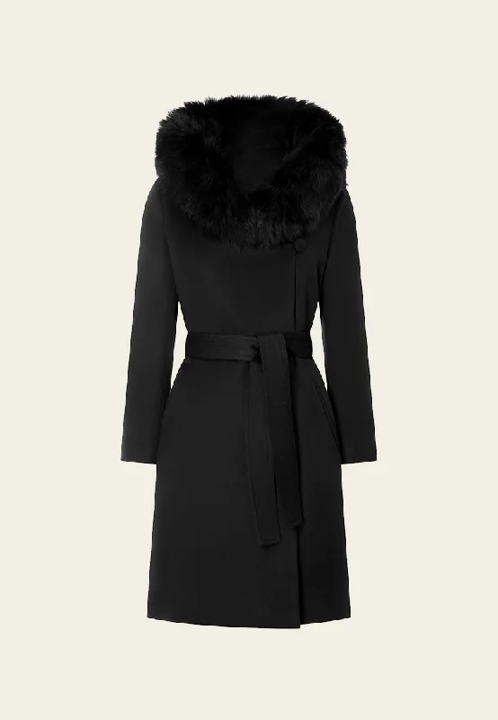 Black Fur Collar Wool Belted Coat