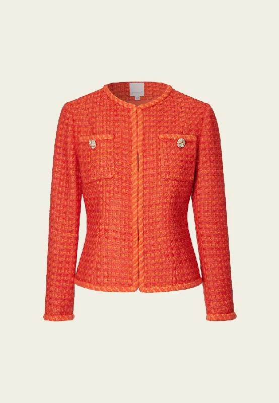 Orange Golden Button Embellished Tweed Jacket