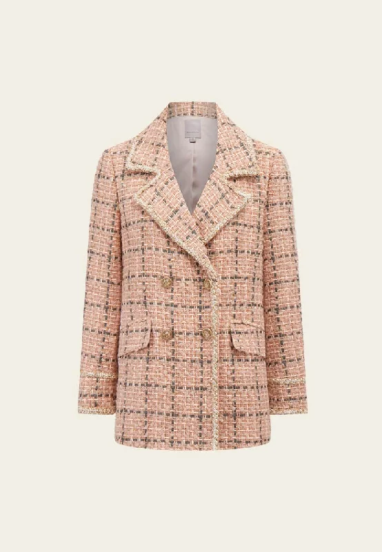 Pink Wool Plaid Tweed Double-Breasted Coat