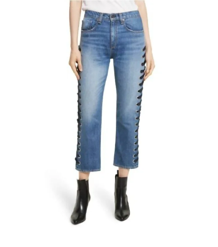 Ines Lace Up Side Denim Jeans In Blue