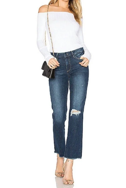 Jacqueline Straight Crop Domino Destructed Raw Hem Jeans In Blue