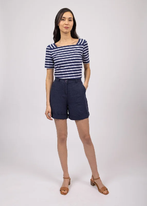 Pléneuf square neck striped sailor shirt - short sleeves, in light cotton (MARINE/NEIGE)